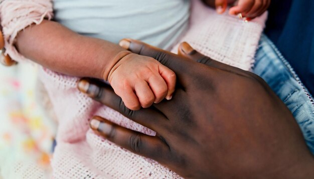 Foto un hombre negro sostiene la mano de un bebé y la otra mano la sostiene.