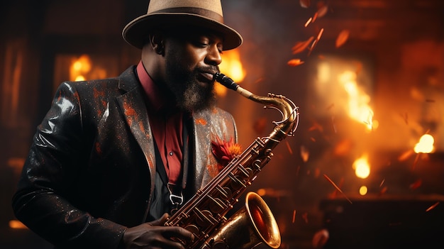 Foto un hombre negro toca el saxofón