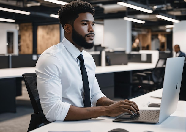 hombre negro trabajando en una oficina moderna