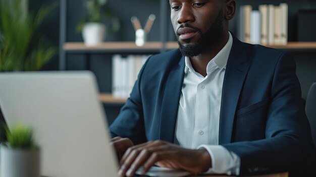 Un hombre negro de traje está sentado frente a una computadora portátil en la oficina.