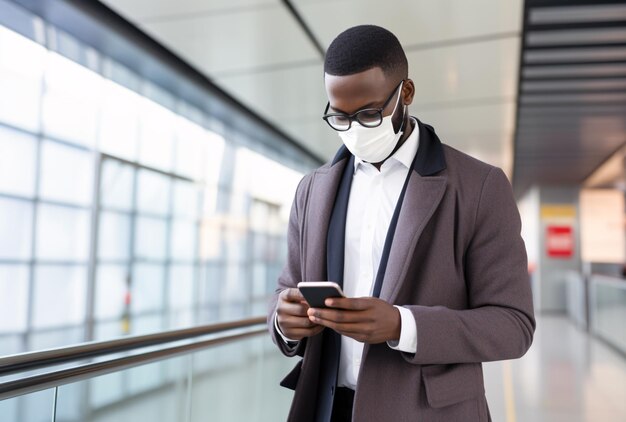 Hombre negro usando un teléfono inteligente en un aeropuerto