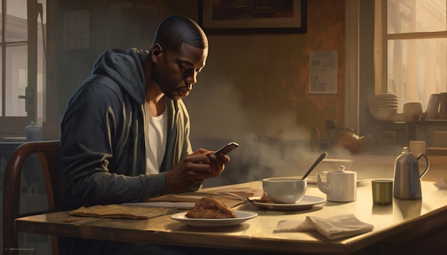 Hombre negro usando el teléfono mientras desayuna Arte generativo ai