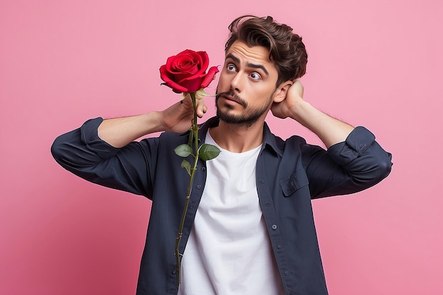 Hombre nervioso esperando su cita en el día de San Valentín sosteniendo una rosa roja y mirando confundido de lado