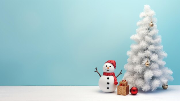 Hombre de nieve alegre con árbol de Navidad sobre fondo azul y generación de IA de espacio libre