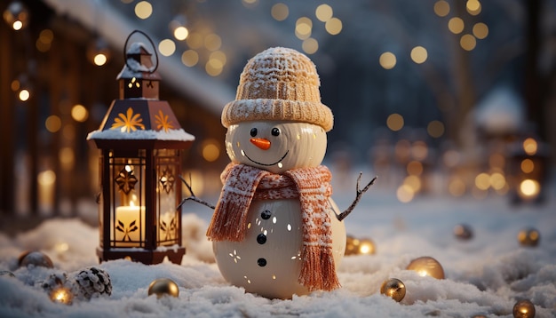 Hombre de nieve alegre brilla en la oscura noche de invierno trayendo alegría generada por la IA