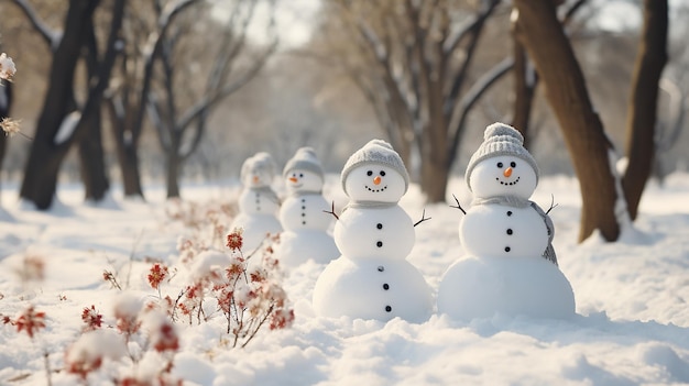 Hombre de nieve alegre en un paisaje de invierno con espacio para copiar