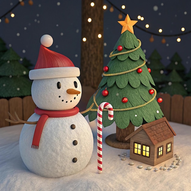 un hombre de nieve y un árbol de Navidad están frente a una casa
