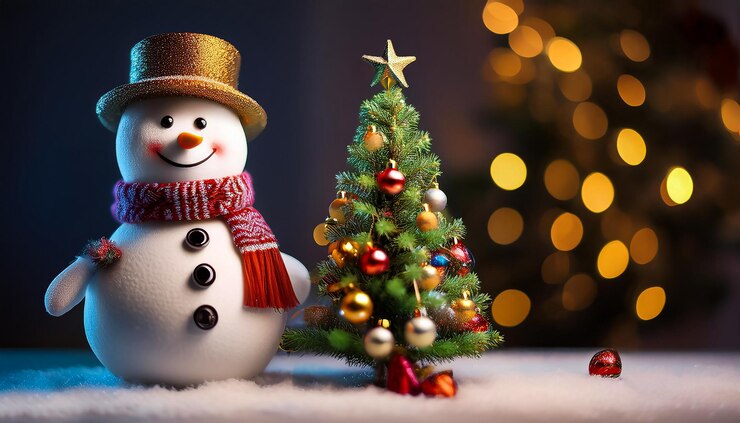 un hombre de nieve con un árbol de Navidad en el fondo