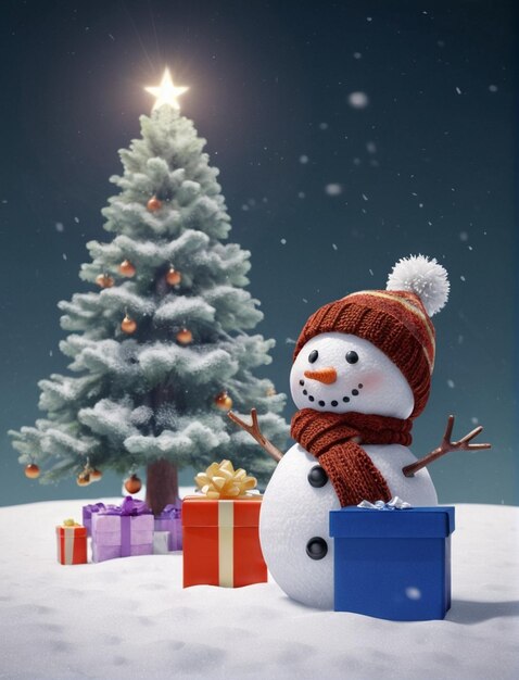 Foto hombre de nieve con árbol de navidad y tarjeta de navidad de regalo