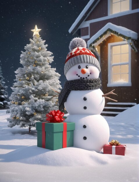 Foto hombre de nieve con árbol de navidad y tarjeta de navidad de regalo