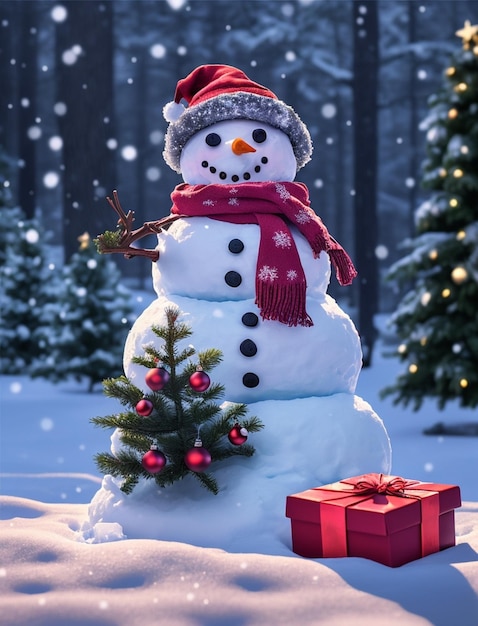 Foto hombre de nieve con árbol de navidad y tarjeta de navidad de regalo