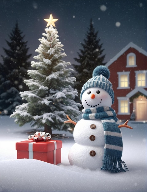 Foto hombre de nieve con árbol de navidad y tarjeta de navidad de regalo