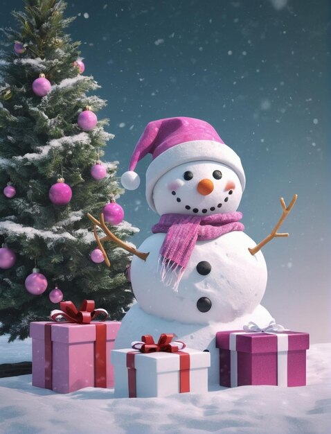 Hombre de nieve con árbol de Navidad y tarjeta de regalo de Navidad