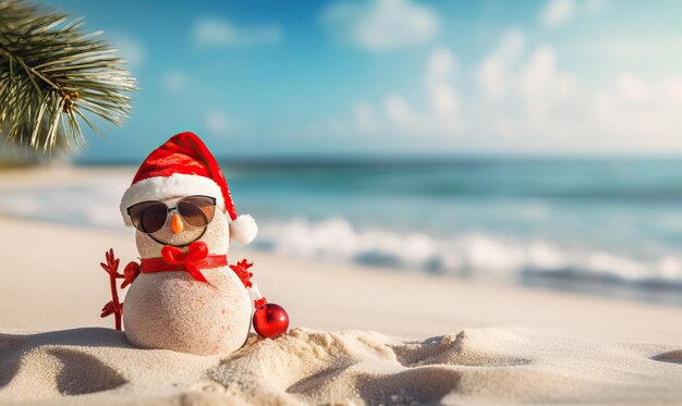 Foto hombre de nieve de arena sonriente con sombrero rojo de santa en la playa de mar navidad diseño de fondo de viaje navidad