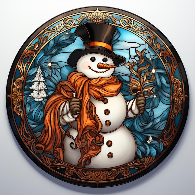 Hombre de nieve arrafado con cabello naranja y un sombrero de copa y bufanda generativa ai