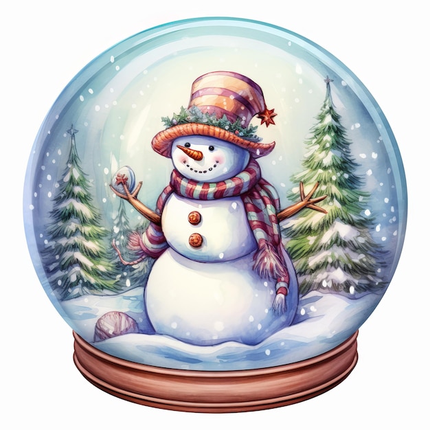 Hombre de nieve en bola de Navidad Ilustración en acuarela aislada sobre fondo blanco