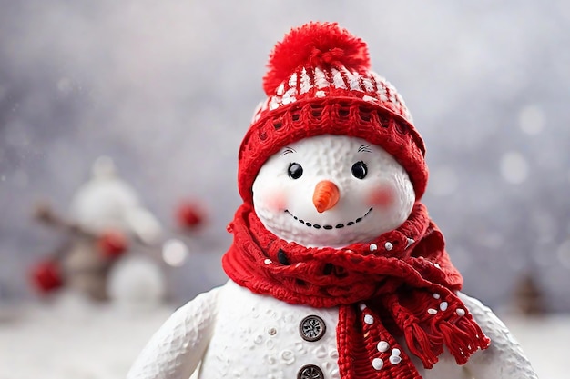 Hombre de nieve con bufanda roja y sombrero en fondo nevado tarjeta de felicitación de Navidad