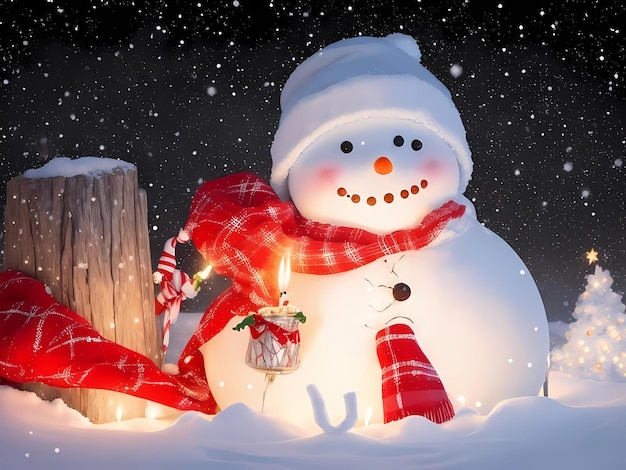 un hombre de nieve con una bufanda roja y un sombrero de Santa