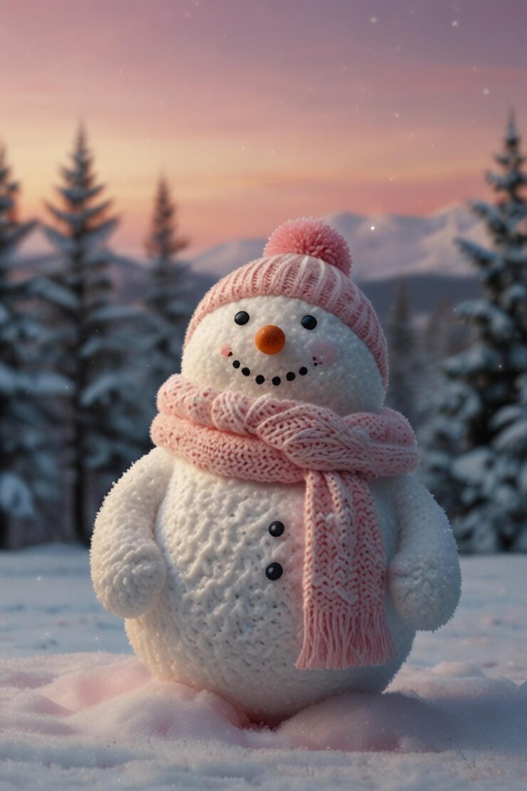 un hombre de nieve con una bufanda rosa y un sombrero rosa