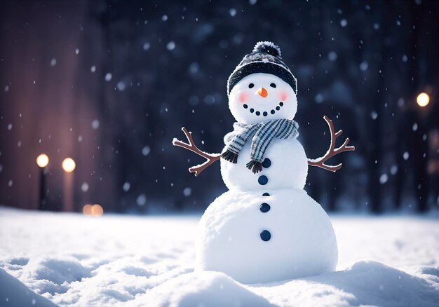 Hombre de nieve con bufanda y sombrero en el paisaje de invierno