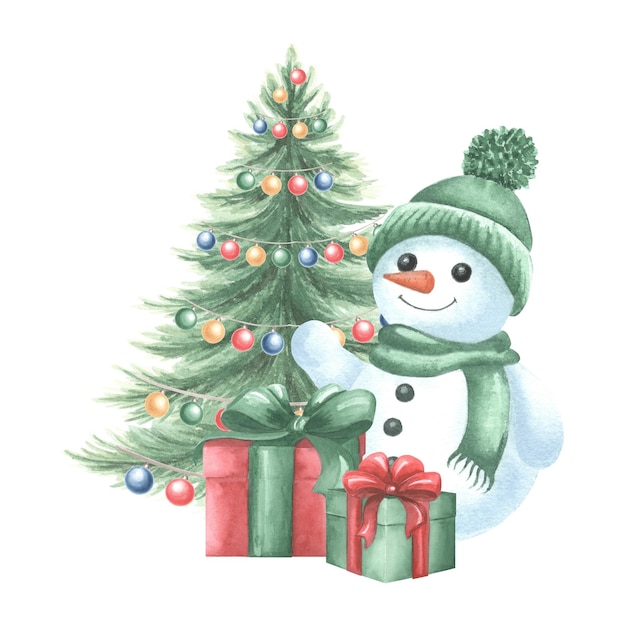 Hombre de nieve con cajas de regalos y árbol de Navidad niños lindos personaje alegre para las vacaciones de invierno
