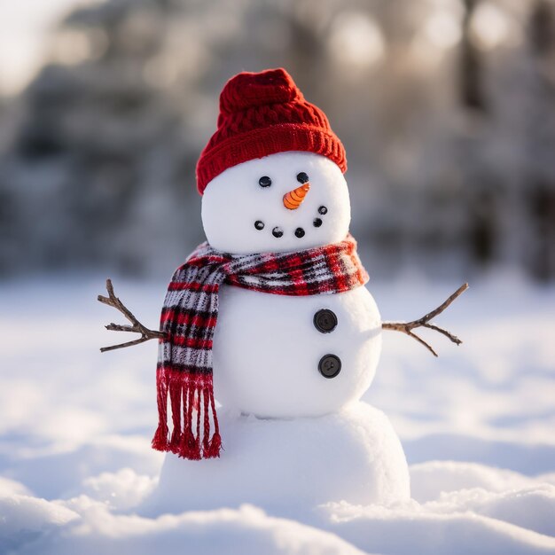 Foto hombre de nieve casero con bufanda y sombrero cuento de invierno