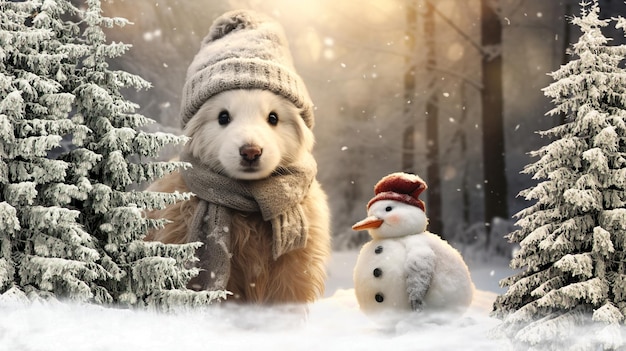 Hombre de nieve conejo de Navidad con bufanda roja en el bosque nevado de invierno plantilla de tarjeta de Navidad vintage