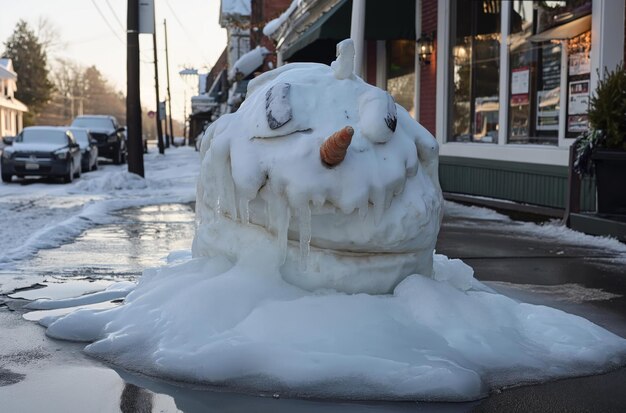 Hombre de nieve derretido en una calle de la ciudad