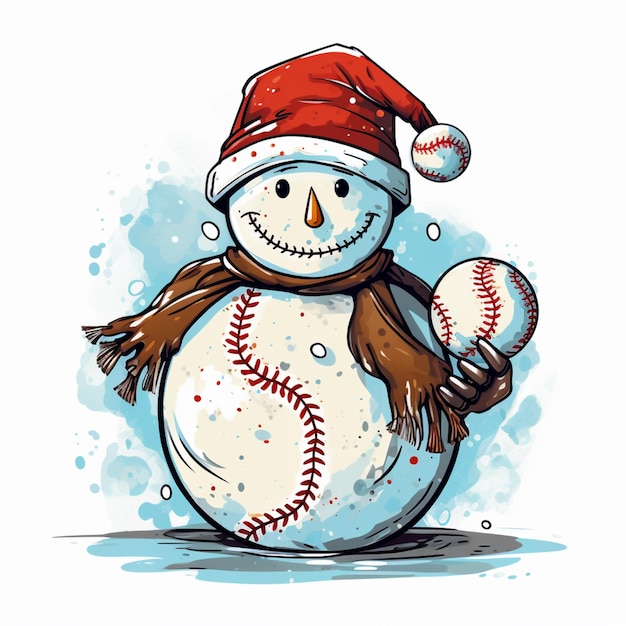 Foto hombre de nieve de dibujos animados con guantes de béisbol y un sombrero de papá noel