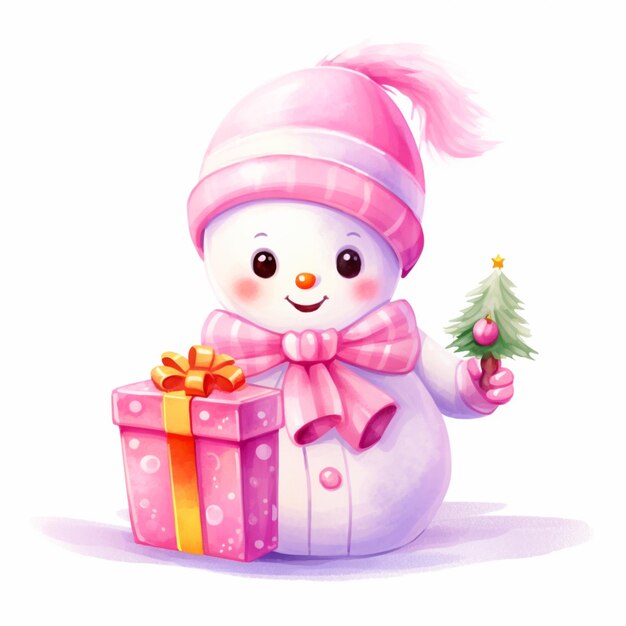 Hombre de nieve de dibujos animados sosteniendo un árbol de Navidad y una caja de regalos generativa ai
