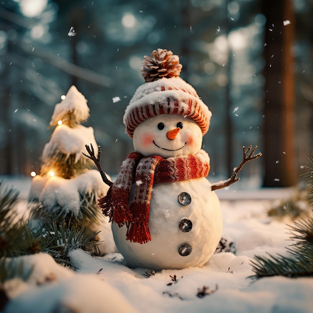 Hombre de nieve en una escena navideña de invierno con pinos de nieve y luz cálida IA generativa