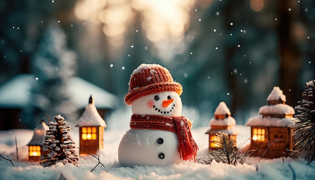 Hombre de nieve en una escena navideña de invierno con pinos de nieve y luz cálida IA generativa