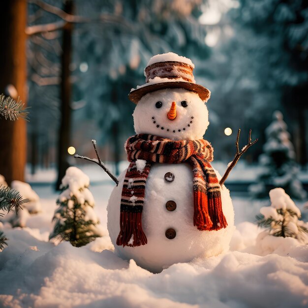 Hombre de nieve en una escena navideña de invierno con pinos de nieve y luz cálida IA generativa