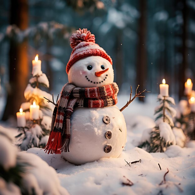 Hombre de nieve en una escena navideña de invierno con pinos de nieve y luz cálida IA generativa