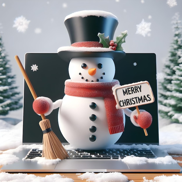 Hombre de nieve con escoba y árbol de Navidad en el fondo ilustración 3d