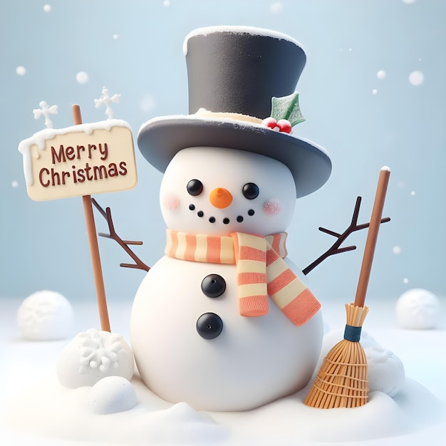 Hombre de nieve con escoba y árbol de Navidad en el fondo ilustración 3d