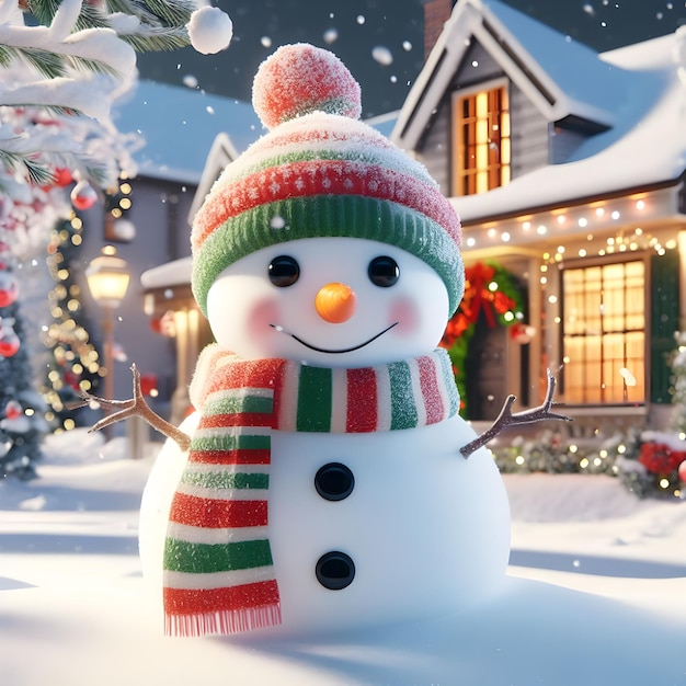 Hombre de nieve con escoba y árbol de Navidad en el fondo ilustración 3d