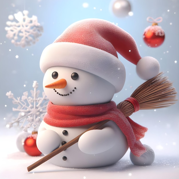 Hombre de nieve con escoba y árbol de Navidad en el fondo ilustración 3d