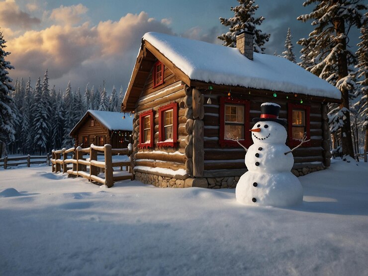 un hombre de nieve está de pie frente a una cabaña de madera