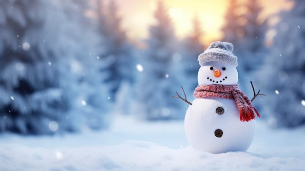 Hombre de nieve feliz en el paisaje de invierno