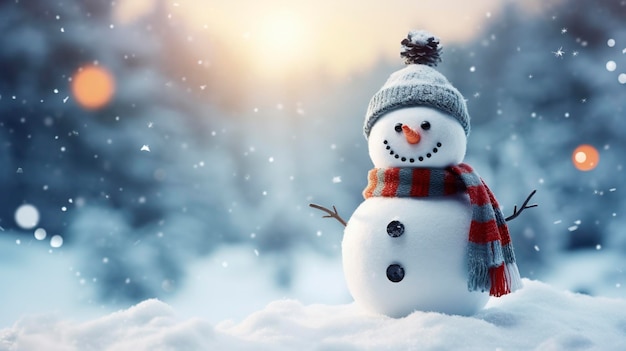 Hombre de nieve feliz en el paisaje de invierno