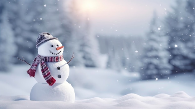 Hombre de nieve feliz en el paisaje de invierno