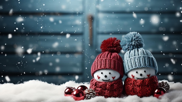 Foto hombre de nieve feliz de pie en la nieve blanca paisaje navideño de invierno