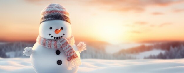 Hombre de nieve feliz y sonriente con una bandera panorámica de paisaje de invierno con nieve blanca Generative Ai