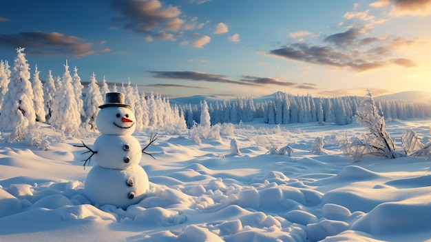 Hombre de nieve feliz y sonriente en un soleado día de invierno