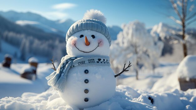 Hombre de nieve feliz y sonriente en un soleado día de invierno