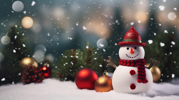 Foto hombre de nieve en un fondo de bolas de navidad y un espacio de copia de una rama de abeto