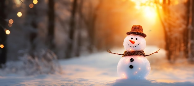 Hombre de nieve en el fondo de la ciudad nocturna telón de fondo de Navidad