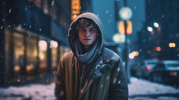 Un hombre se para en la nieve frente a una tienda.