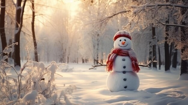 Hombre de nieve gracioso en el bosque nevado IA generativa